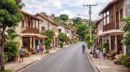 Fototapeta premium Charming Streetside Neighborhood in Tropical Climate with Cozy Houses and People Shopping and Walking