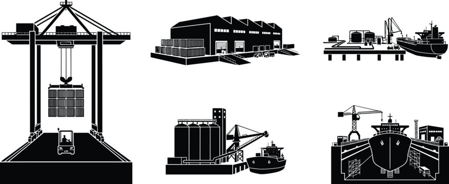 Maritime Port and Industrial Logistics Silhouette Set Featuring Container Crane Warehouse Tanker and Drydock