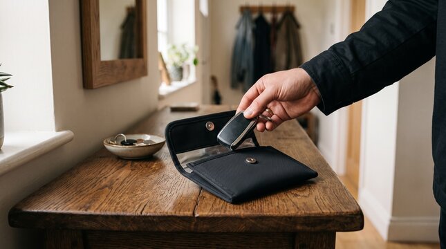 Hand placing a modern electronic car key fob inside a black signal-blocking faraday pouch on a wooden entryway console table, depicting keyless vehicle theft prevention.