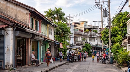 Fototapeta premium Bustling Urban Street Scene with Vintage Buildings and Pedestrians in a Tropical Climate