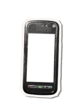 Modern raster illustration of a black smartphone in a retro halftone pop-art sticker style. Featuring a blank white screen mockup, this 90s-2000s tech aesthetic mobile device art is perfect for nostal