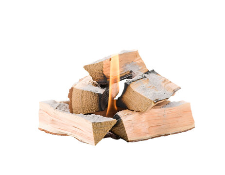Stacked firewood logs burning with a bright orange flame and grey ash isolated on a transparent background for graphic design projects pile chopped visible wood grain glowing warm covered