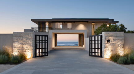 Fototapeta premium Modern house, stone wall, metal gate, evening, ocean view, luxury, illuminated