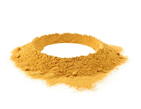 Turmeric powder ring pile isolated on transparent background showing vibrant yellow spice heap layout for culinary and health design elements bright arranged neat circular seasoning