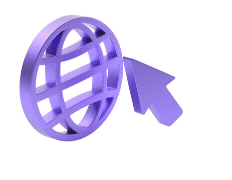 Purple glossy globe sphere icon with matching mouse cursor arrow isolated on transparent background vibrant network paired pointer rendered style digital design use internet symbol