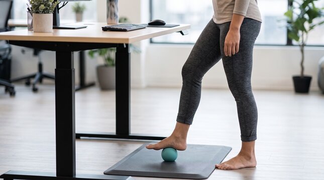 Person standing at a height-adjustable standing desk rolling a massage ball under their bare foot on an ergonomic mat, depicting workplace ergonomics and plantar fasciitis relief.
