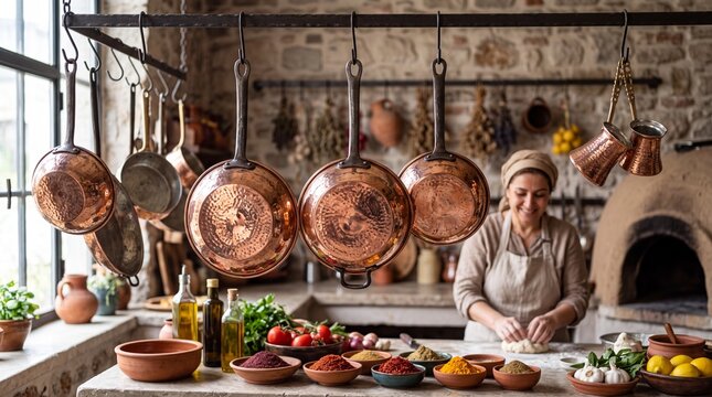 Traditional hammered copper pots hanging in a rustic Turkish kitchen with spices, ingredients, and a woman preparing dough