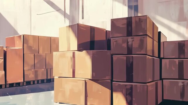 Stack of Cardboard Boxes in Warehouse: Numerous cardboard boxes are neatly stacked in a bright industrial warehouse, with sunlight casting shadows across the floor and walls.
