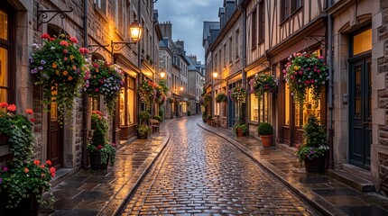 Fototapeta premium Charming Wet Cobblestone Street in Historic European City at Dusk with Flowered Facades and Warm Lighting