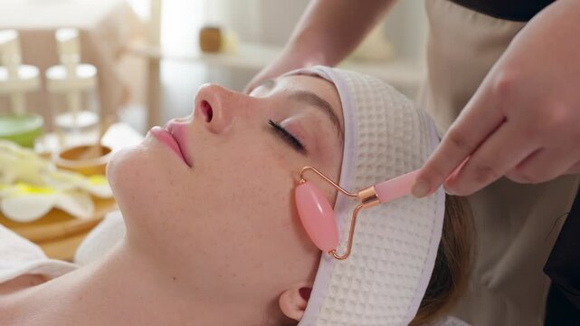Beautiful woman getting facial massage with gua sha at luxury beauty spa.