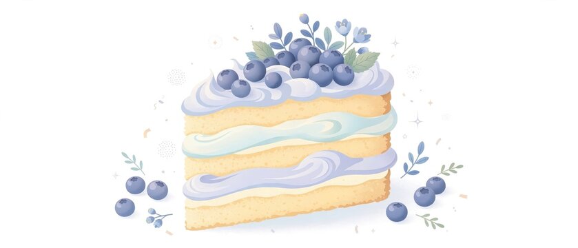 Slice of blueberry layer cake with creamy frosting and fresh berries, elegant dessert illustration for menu cards, bakery branding, and culinary event invitations