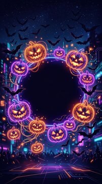 Neon Halloween pumpkins arranged in a glowing circular frame with flying bats and digital circuit patterns, perfect for festive party backgrounds and invitations