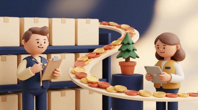 Year End Small Business Inventory and Holiday Cash Flow, Two cartoon figures inspecting inventory with boxes and coins in a playful environment.