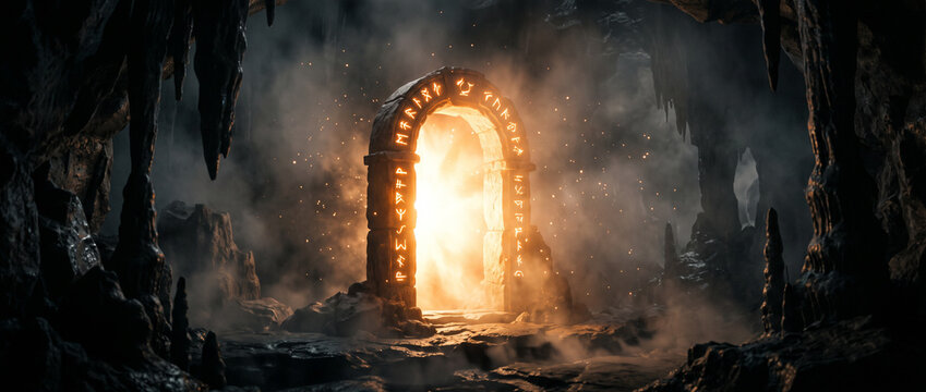 Mystical glowing portal in dark stone cave, ancient runic stone archway with magical light, fantasy dungeon gateway with smoke and mist