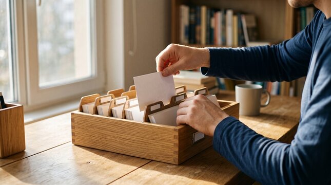 Researcher arranging organized white index cards in wooden catalog box on desk, depicting zettelkasten note taking system, literature review, and academic study