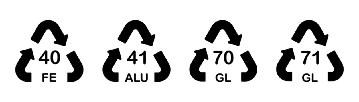Recycling, material, identification, codes including 40 FE, 41 ALU, 70 GL and 71 GL for metal and glass packaging classification and waste sorting.