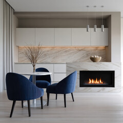 Fototapeta premium Modern apartment with marble fireplace, blue velvet chairs, minimalist kitchen, round table, cozy atmosphere