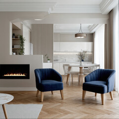 Fototapeta premium Modern apartment interior with blue armchairs, fireplace, wooden floor, open kitchen, dining area, and natural light