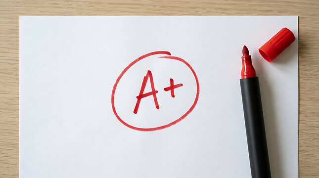 Top view of school test with excellent A plus grade written with red marker on paper