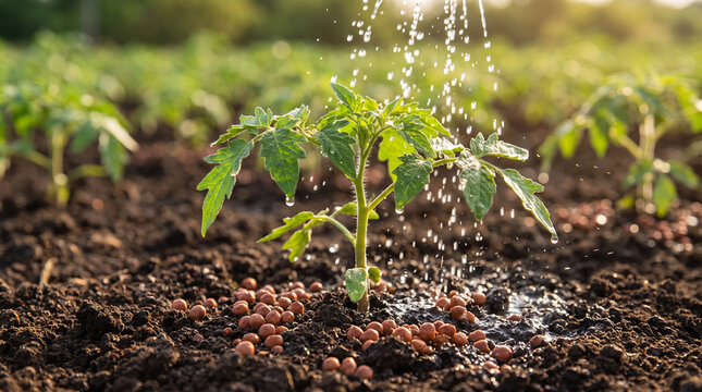 Tomato Seedling Growing in Fertile Soil with Water Drops, Organic Gardening, Sustainable Agriculture and Plant Growth 