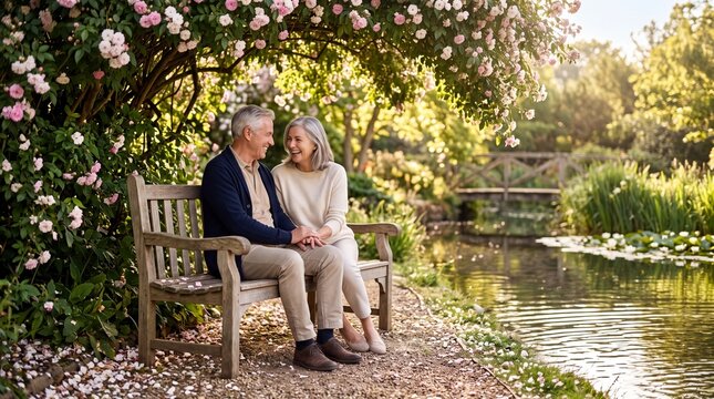 Elderly Couple Sitting on Bench Under Pink Flowering Tree Near Water in Sunset Light