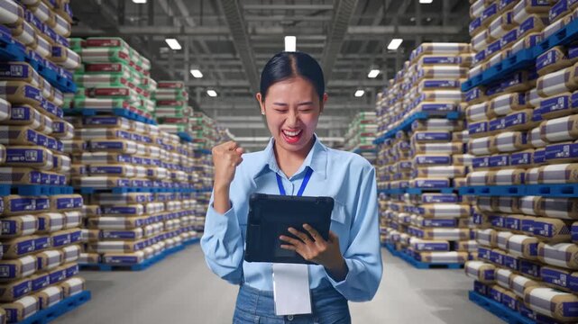 Asian Female With Her Tablet at Warehouse Stacked Cement Bags Pallets, She Raises Her Fist Up With Screaming Goal