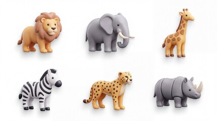 Fototapeta premium Collection of Colorful Animal Figurines Featuring Lion Elephant Giraffe Zebra Cheetah Rhino on White Background