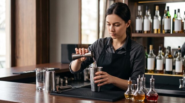 Female bartender pouring precise measure of liquor into metal cocktail shaker at bar counter, depicting mixology craft, beverage preparation, and nightlife hospitality
