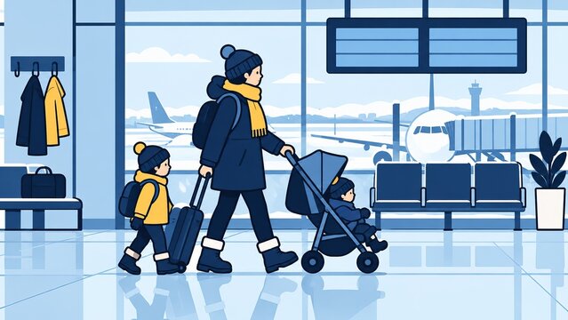 Solo Parent Navigating Winter Airport with Child and Stroller