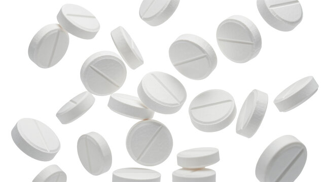 Scattered white round pills with dividing line, isolated on transparent background