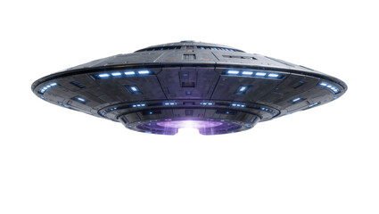 Detailed metallic flying saucer with blue lights and purple engine glow, isolated on transparent background © PNGera