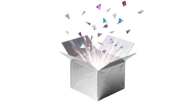 Silver gift box with colorful confetti exploding upwards, isolated on transparent background