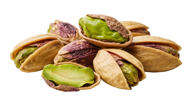 Pile of open and closed pistachios with vibrant green kernels, isolated on transparent background