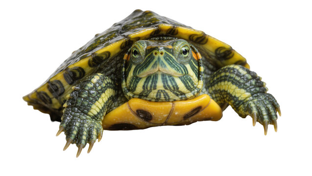 Red-eared slider turtle with yellow and green markings, isolated on transparent background