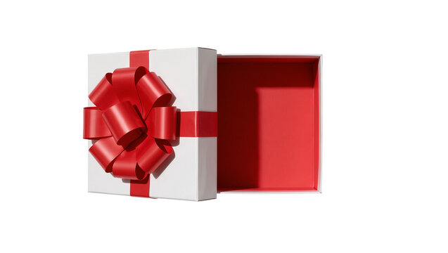 White gift box with red ribbon and bow open red interior, isolated on transparent background