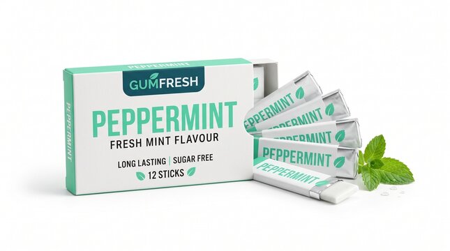 Peppermint chewing gum pack with mint leaves