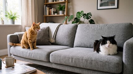 Plakat Two adorable domestic pets relaxing comfortably together on a comfortable grey fabric couch inside a bright residential living room filled with warm afternoon sunlight and green houseplants. 4K