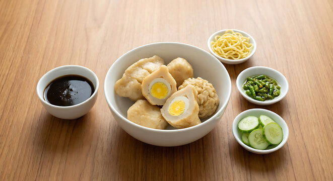 Authentic Indonesian Pempek Palembang fish cake set with egg filled kapal selam, dark cuko sauce, yellow noodles, green chili sambal, and sliced cucumber on rustic wooden table background