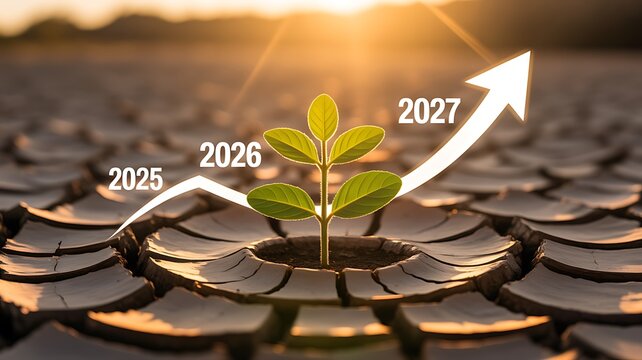 Plant growing through cracked dry ground with 2025 2026 and 2027 growth timeline