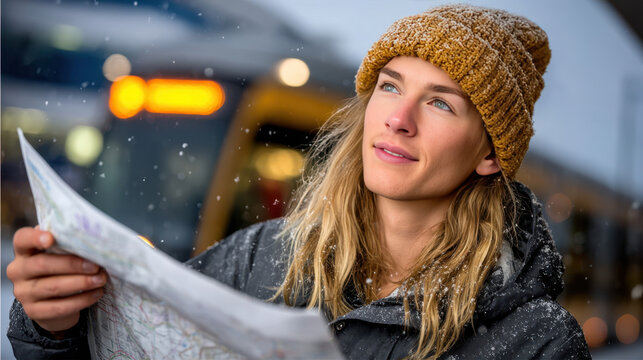 Young woman at a snowy tram stop consulting a paper map while a tram approaches for winter urban navigation and commuter travel planning photography