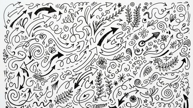 Hand-drawn arrows and doodles, creative sketch on white background