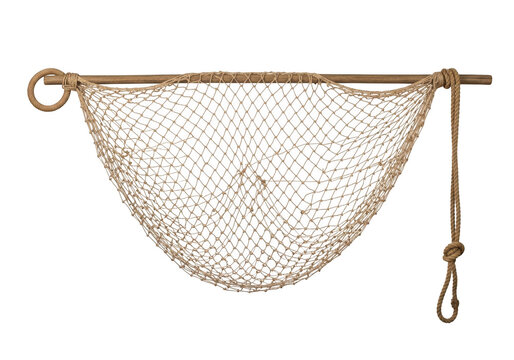 Old vintage fishing net with wooden handle and rope