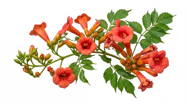 A vibrant branch of trumpet creeper displays vivid orange blossoms and lush green foliage during summer, capturing the natural beauty of blooming flora in a botanical photography presentation. 4K