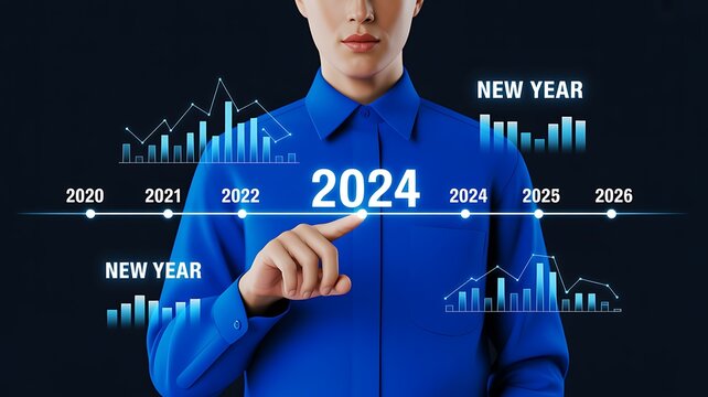 New year 2024 business timeline showing annual growth, market progress and future planning