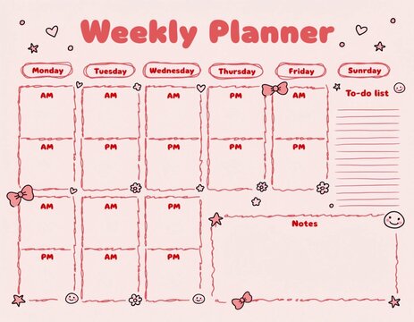 Cute Weekly Planner template design in pastel pink color, printable schedule sheet organizer