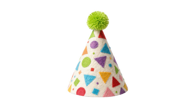 Festive party hat with colorful geometric shapes and green pompom, isolated on transparent background