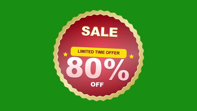 80% off sale motion. Red 80 percent off sale badge on green background