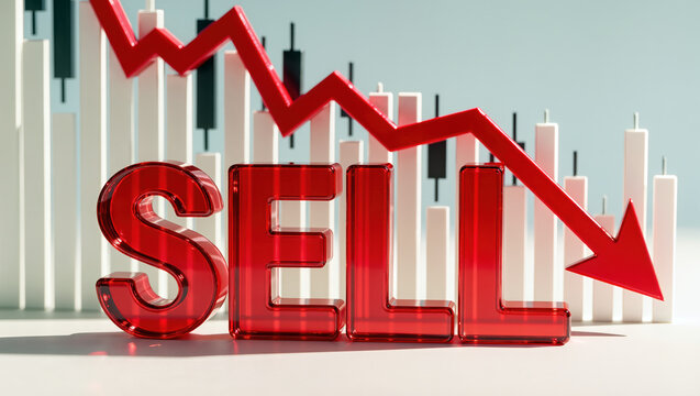 A bold red SALE sign stands before vertical market bars as a jagged arrow drops sharply across the composition, conveying retail discount pricing, declining sales and financial market risk