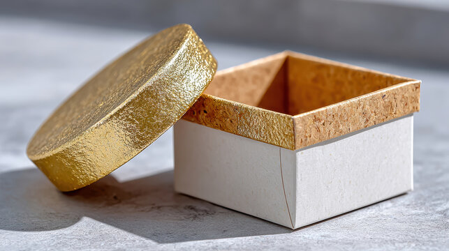 Small luxury gift box with textured gold foil lid and white rigid carton for jewelry and cosmetic packaging mockup, premium branding presentation and product display