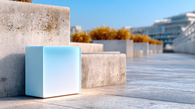 White illuminated cube placed against weathered concrete steps on sunlit urban terrace with planters and distant modern buildings in shallow depth outdoor plaza